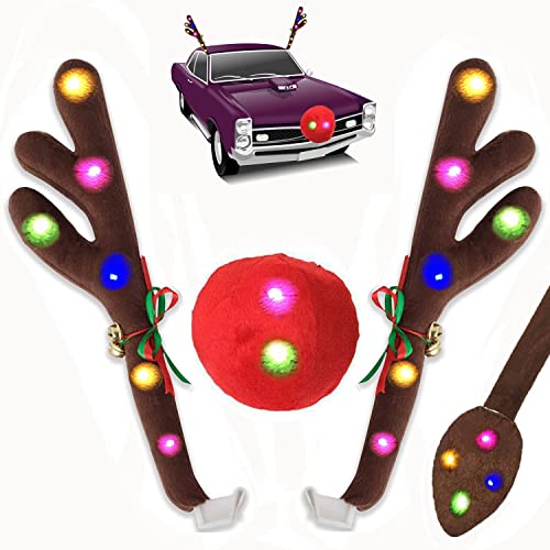 Christmas Car Reindeer Antlers Decoration Kit, Vehicle Xmas Decorations Auto Decoration Reindeer Kit with Jingle Bells Rudolph Reindeer, Red Nose, Tail Suitable for Any Cars