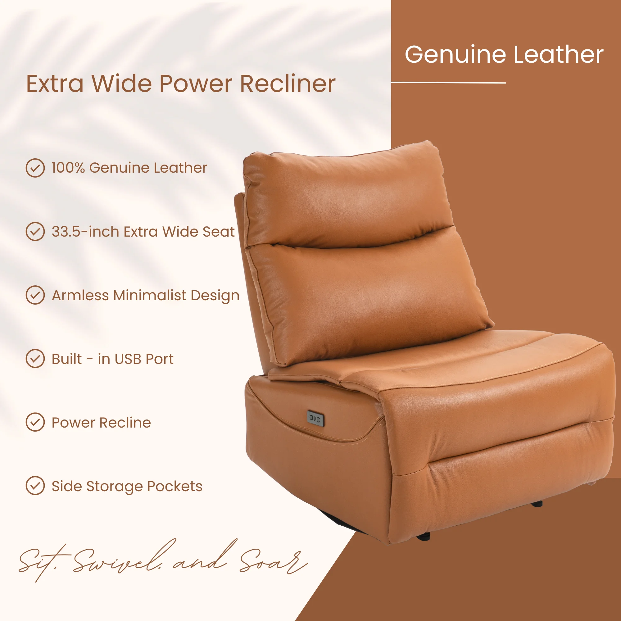 JUUXO Genuine Leather Power Recliner - Extra Wide Reclining Sofa Chair No Armrests Design Big Man Recliner 350 lbs…