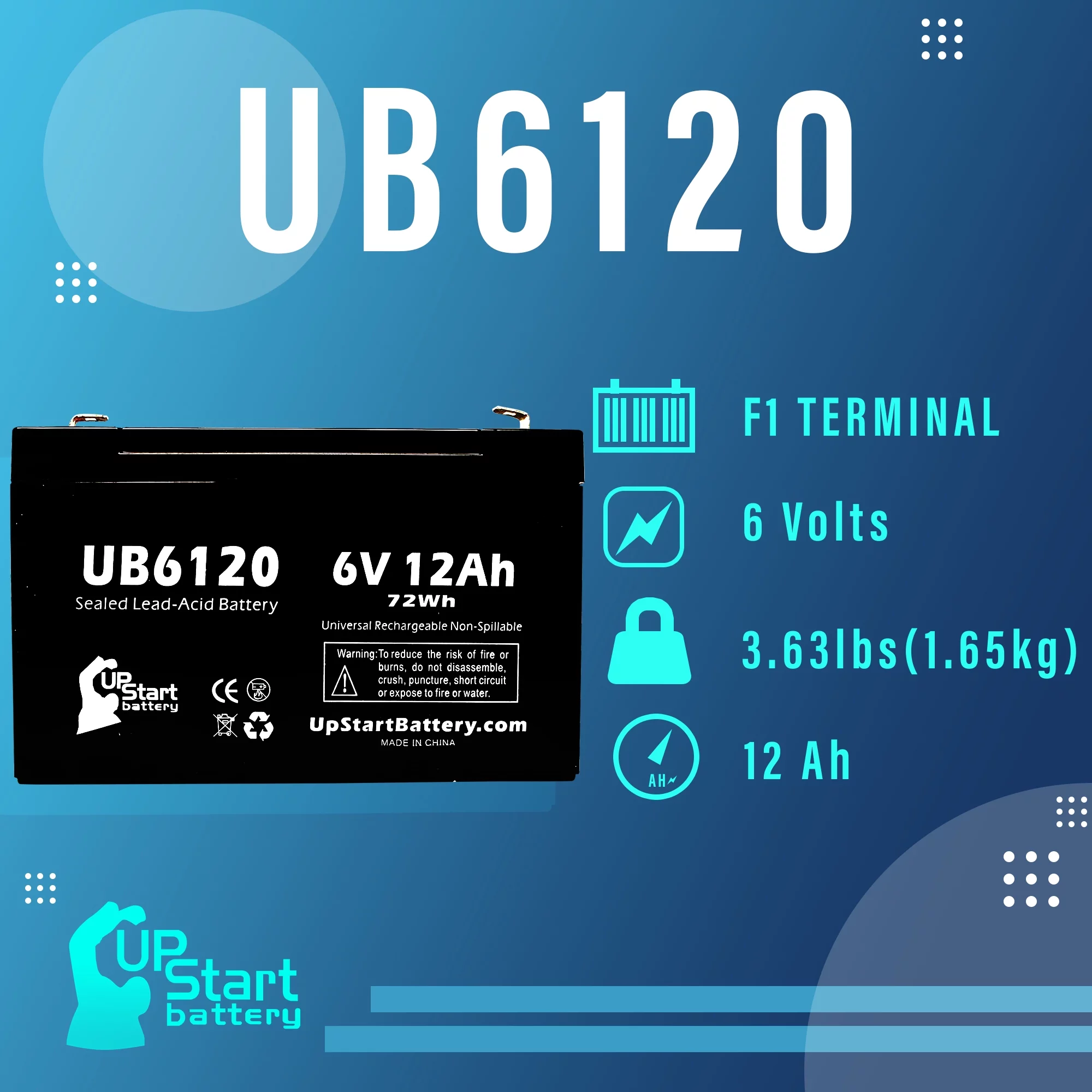 5x Pack - Compatible W. W. GRAINGER 5VC16 Battery - Replacement UB6120 Universal Sealed Lead Acid Battery (6V, 12Ah, 12000mAh, F1 Terminal, AGM, SLA) - Includes 10 F1 to F2 Terminal Adapters
