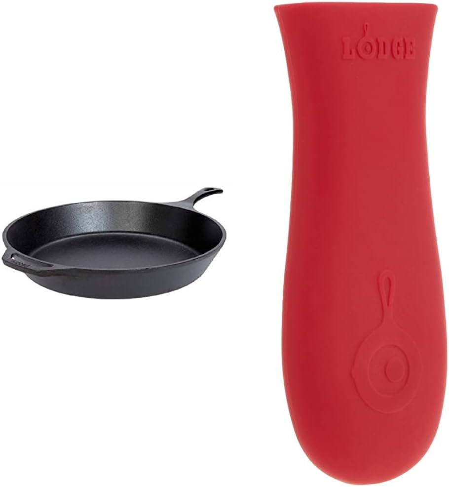 Lodge L14SK3 15-Inch Pre-Seasoned Cast-Iron Skillet & Silicone Hot Handle Holder - Red Heat Protecting Silicone Handle Cast Iron Skillets with Keyhole Handle