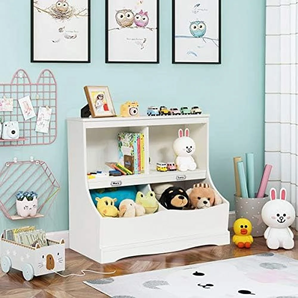 HJZBNONE 4-Cubby  Bookcase with Footboard  Name Card  Multi-Bin Children's Toys  and Organizer Book  Display  Wooden Toy Box Chest Cabinet for  Room Playroom Bedroom Nursery (White)