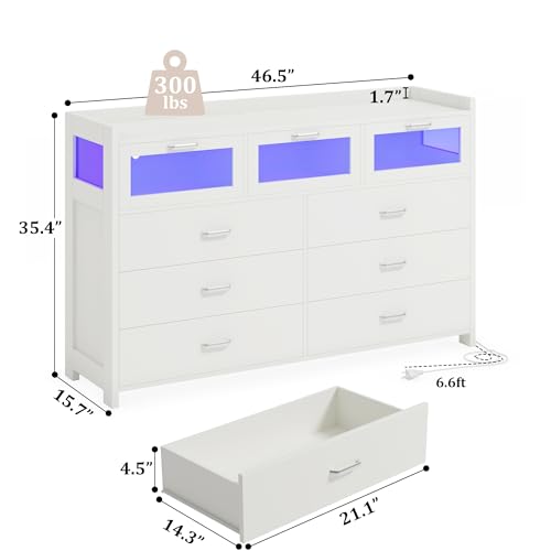 Black Dresser for Bedroom with 9 Drawers, Chests of Drawers with LED Lights and Charging Station, Modern Dresser with 3 Visual Drawers, Wood Wide LED Dresser for Bedroom, Closet, Entryway