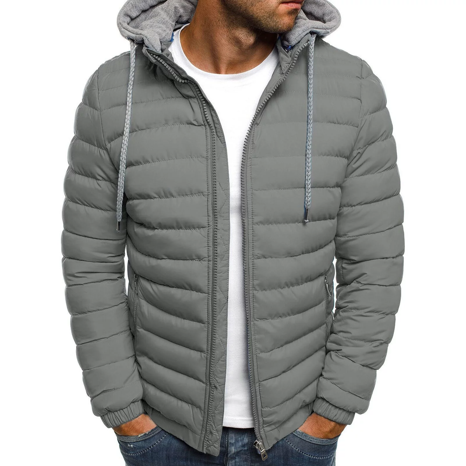 Men's Lightweight Hooded Jacket Front Zip Up Casual Winter Outerwear Coat (Blue,Small)