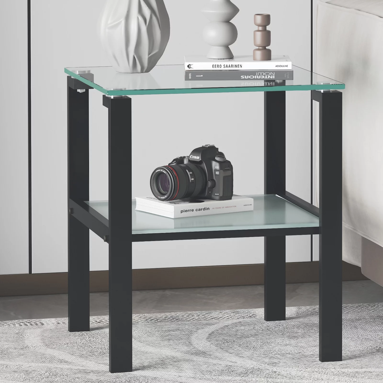 Glass End Tables, Small Glass Top End Table, Black Side Table, Square Shape, Tempered Glass Top, Metal Frame, for Living Room Bedroom (Black, End Table)