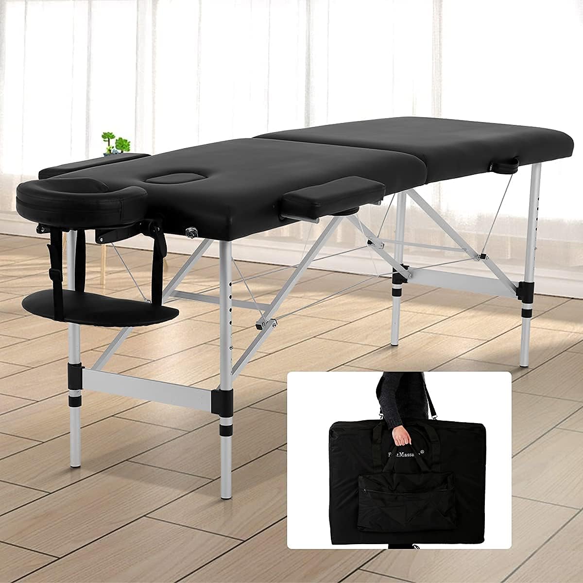 Aluminium Massage Table Spa Bed 2 Fold 73 Inch Portable Massage Bed with Armrest Height Adjustable Professional Spa Massage Table Face Cradle Salon Bed Tattoo Bed, Black