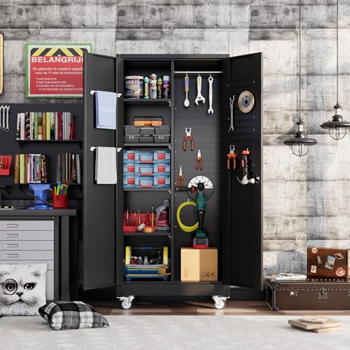 Garage Storage Cabinet, Metal Storage Cabinet with 1 Locking Door and 2 Drawers, Heavy Duty Rolling Workbench Table with Wheels and Pegboards for Garage, Office and Tool Room