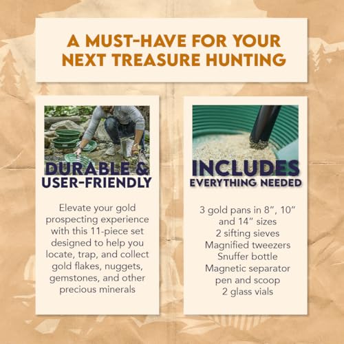 SE 11-Piece Gold Panning Kit - Complete Prospecting Set with Pans, Sieves, Tweezers, Glass Bottles, Sand Magnet, and More - Ideal for Beginners and Enthusiasts - GP5-KIT111