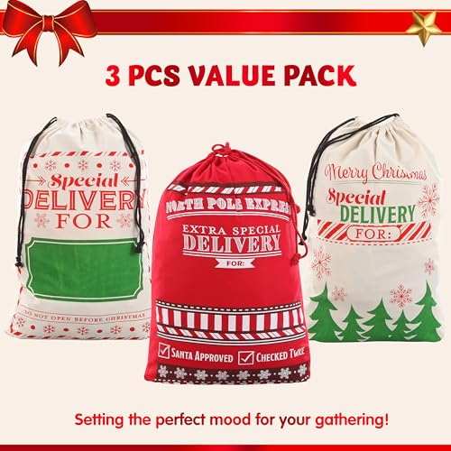 JOYIN 3 PCS Christmas Drawstring Santa Burlap Sack 26
