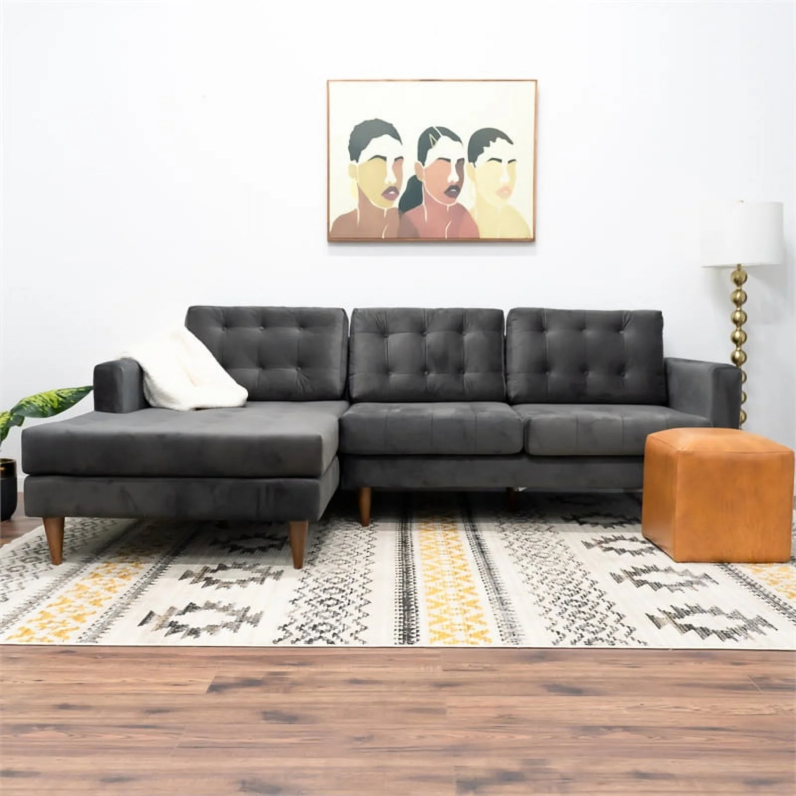 Whitney Modern Furniture Style Velvet Living Room Sectional Dark Gray Sofa