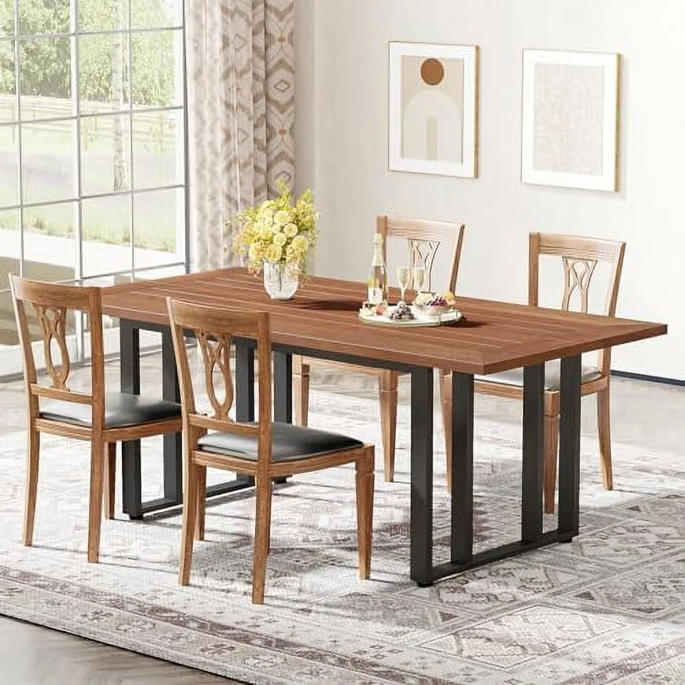 RUNFAYBIU 55 inch Dining Table with Heavy-Duty Metal Frame for 2-4 People  Rectangular Dinner Tables with Solid Wood Veneer Top for Dining Room Kitchen  Black Dark Brown (Chair not Includ