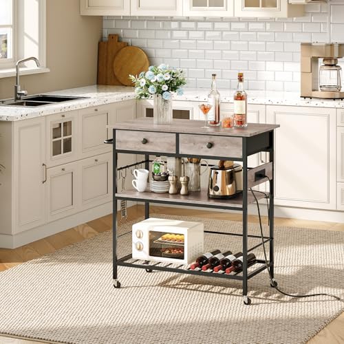 HOOBRO Kitchen Island with Storage, Rolling Island Cart for Kitchen with 2 Drawers & Outlet, 3 Tier Coffee Station and Microwave Stand, Kitchen Island Table for Home, Rustic Brown BF08UZD01