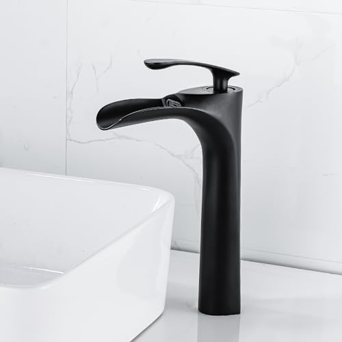 Bathroom Vessel Sink Faucet, Waterfall Oil Rubbed Bronze Bathroom Faucet, Vessel Faucet, Tall Body 1 Hole Single Handle with Pop Up Drain Combo Vanity Mixer Tap Basin Bowl Sink