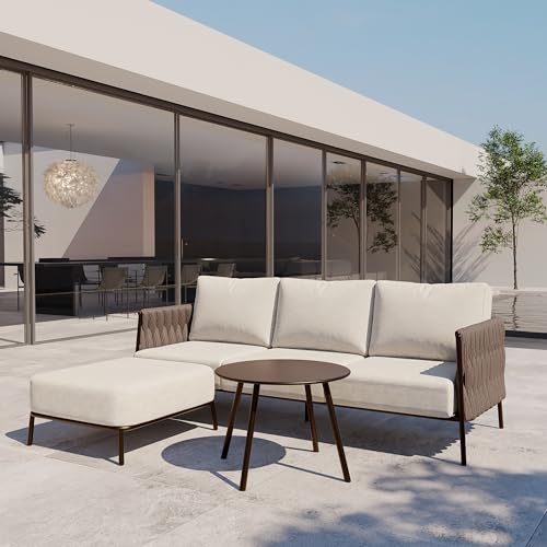 EAST OAK Life Chatter Patio Furniture Set 5 Pieces, Outdoor Furniture 5-Seat Sofa with Two Round Coffee Table, Waterproof Thick Cushion Deep Seating for Porch, Balcony, Chestnut Brown & Creamy Apricot