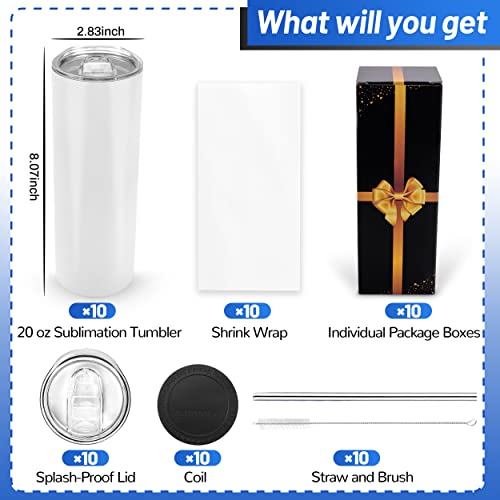 Joyclub Sublimation Tumblers Blanks 20 oz 10 Pack Skinny Straight Tumblers Bulk Stainless Steel Insulated Sublimation Cups with Lid and Straw, Gift Box