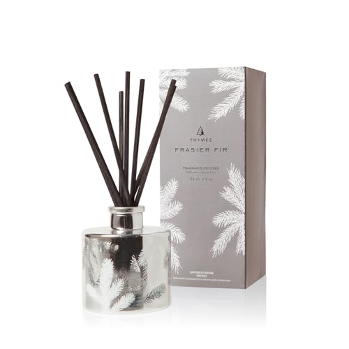 Thymes Frasier Fir Reed Diffuser Set – Includes Reeds, Fragrance Oil, and Frosted Glass Bottle – Fragrance Oil Diffuser – Room Fresheners – Luxury Home Decor – Green & Clear (Pine Needle, 7.75 fl oz)