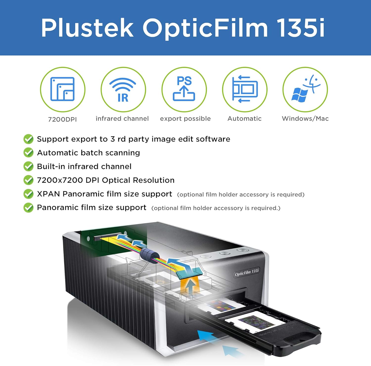 Plustek OpticFilm 135i - Automatic Film & Slide Scanner, Batch converts 35mm Slides & Film Negatives, Support 3rd Party Editing Software Export, Max. 7200 dpi