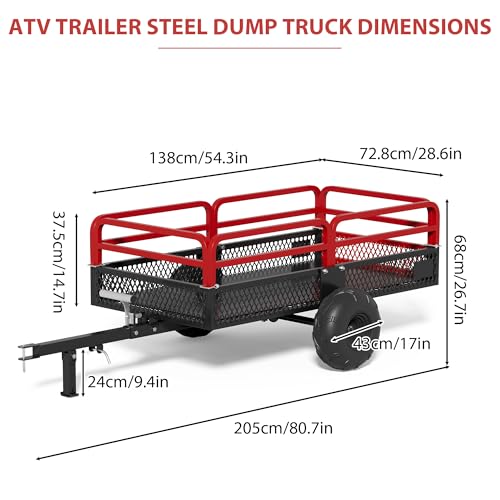 ATV Trailer Steel Dump Cart, Heavy Duty Carts with Wheels 1500lbs 15 cu. ft Capacity Utility Trailer Yard Garden Trailer W/Support feet & Removable Sides for Tractors, ATV, UTV, Lawn Mowers