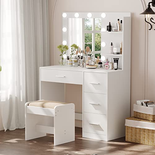 Rovaurx Makeup Vanity Table with Lighted Mirror, Makeup Vanity Desk with Storage Shelf and 4 Drawers, Bedroom Dressing Table, 10 LED Lights, White