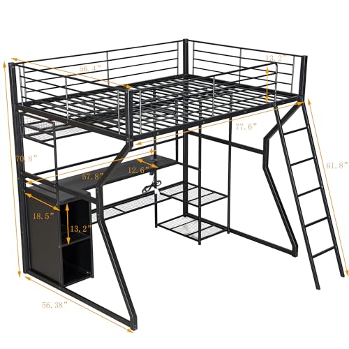 Bellemave Full Size Loft Bed with L-Shaped Desk, Full Metal Loft Bed with 6 Storage Shelves, LED Light, Charging Station, Loft Beds with Open Wardrobe, No Box Spring Needed Black