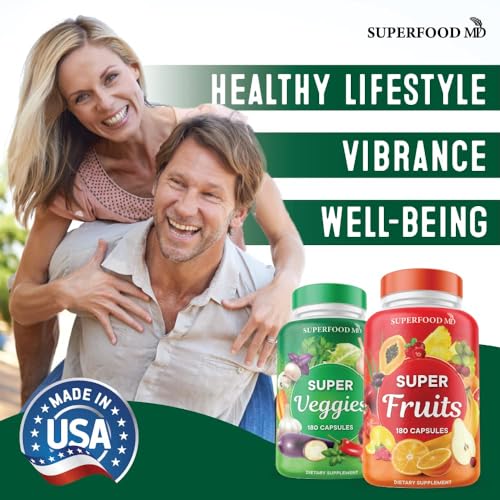 Superfood Fruit and Veggie Supplement - 360 Whole Super Fruit and Vegetable Supplements & Vitamin, Natural Energy Levels, with Olive Leaf Soy Free- 180 Count (Pack of 2)