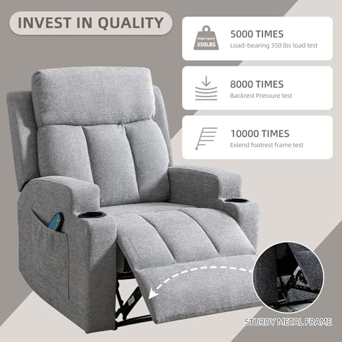 Phoenix Home Manual Recliner Chair with Massage and Heat Ergonomic Overstuffed Breathable Fabric Reclining Chair with 2 Side Pockets, 2 Cup Holders, Remote Control, Living Room, Bedroom, Gray