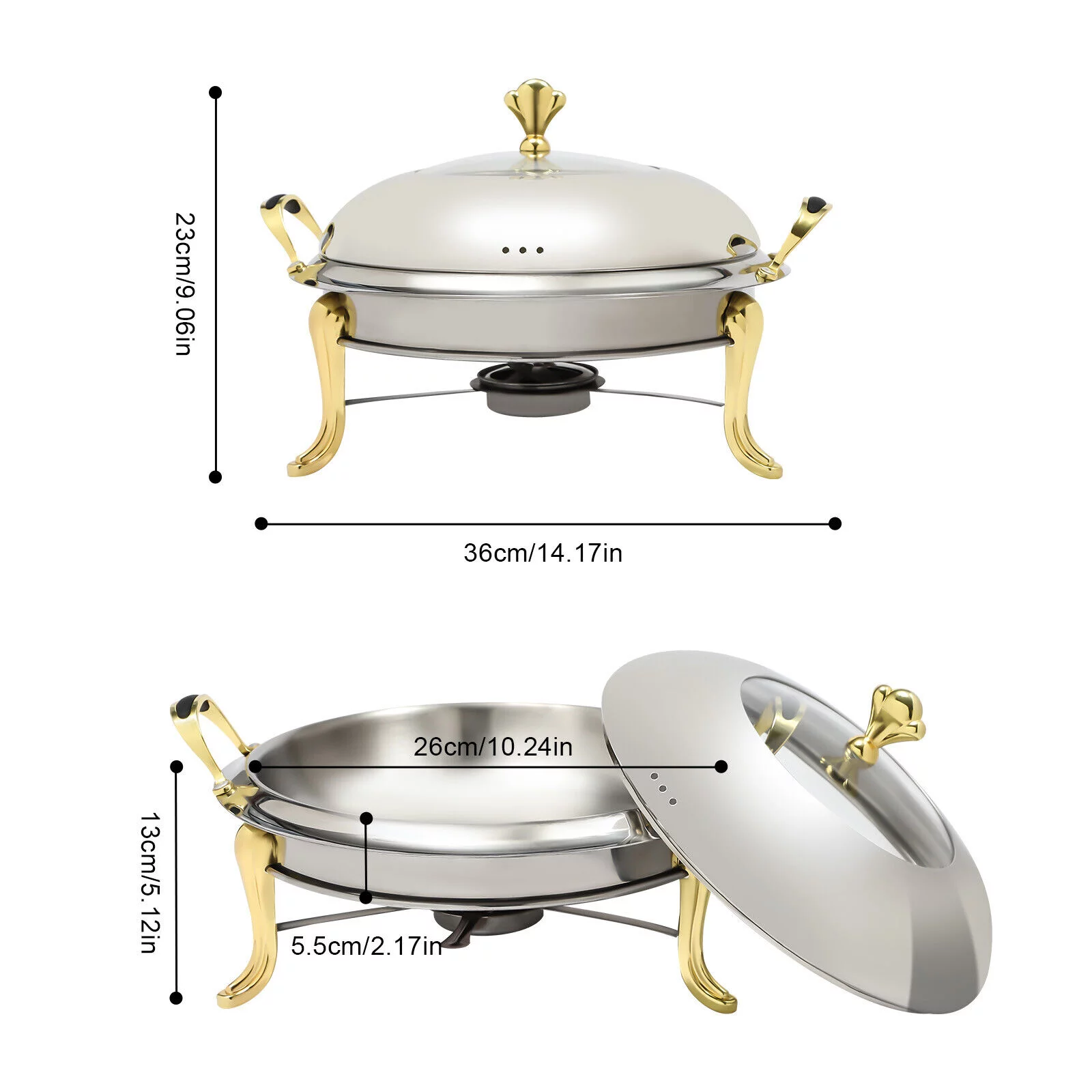 Chafing Dish 5 Quart Stainless Steel Full Size Tray Buffet Catering Gold Round