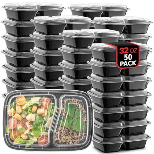 50-Pack Reusable Meal Prep Containers Microwave Safe Food Storage Containers with Lids, 32 oz - 2 Compartment Take Out Disposable Plastic Bento Lunch Box To Go, BPA Free - Dishwasher & Freezer Safe