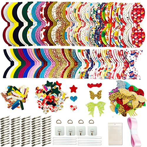 AOUXSEEM 348 Pcs 60 Set Faux Leather Hair Bows DIY Making Kit for Beginners, Contains Assorted Random Printed Glitter Solid Fabric Pre Cut Pieces, Make Stylish Girls Hair Clips