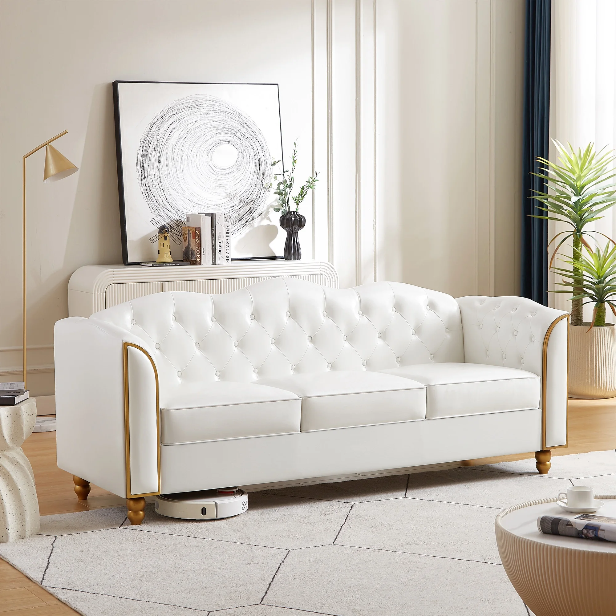 Homfa 3 Seater Sofa, 78.7'' Modern Large PU Button Upholstered Couch with Golden Wood Legs, White