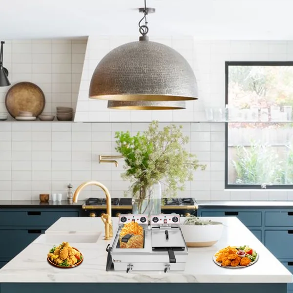 SYTHERS Electric Deep Fryer,EH102V 16.9QT/16L Total Capacity 24.9QT/23.6L Stainless Steel Faucet Double Tank Deep Fryer 3400W MAX (8L 8L Big Blue/Large Handle)