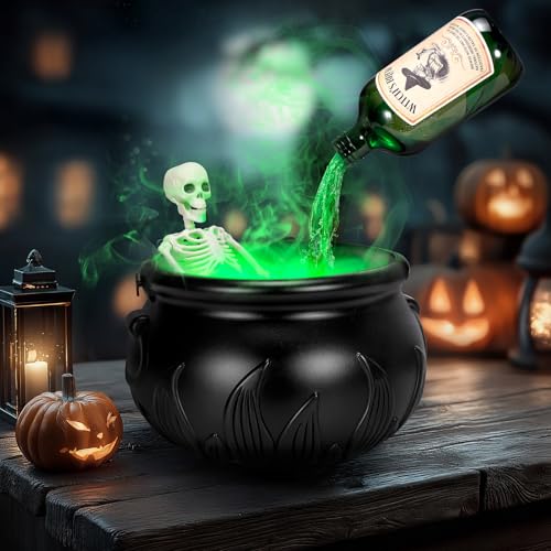Halloween Decorations Indoor - Cauldron Decor with Skeleton, Magic Floating Potion Bottles & Fog Maker - Black Witches Cauldron Halloween Party Decoration for Home Table
