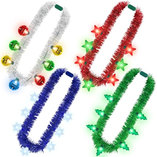 4 PCS Christmas Lights Necklace, 4 Kinds of Colors Tinsel Christmas Light up Necklace, 3 Modes Xmas Party Favors for Adults, Ugly Xmas Sweater Accessories for Family Office Holiday Parties
