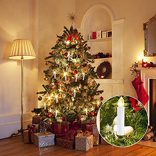 Raycare 10 PCS Battery Operated Taper Candle Lights with Remote, Led Window Candles with 8H Timer, Warm White Bright Flickering Light Christmas Candles with Clips/Suction Cups