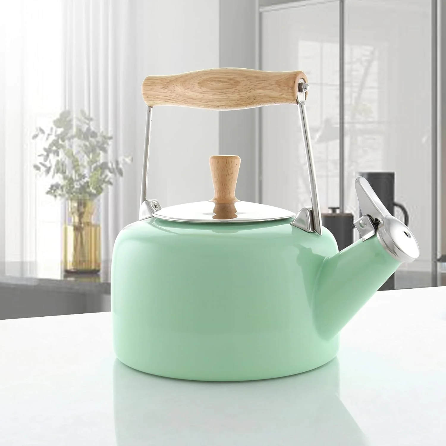 SVEN Enamel On Steel Whistling Teakettle With Natural Wood Handle, 1.4 Quarts (Mint Green)