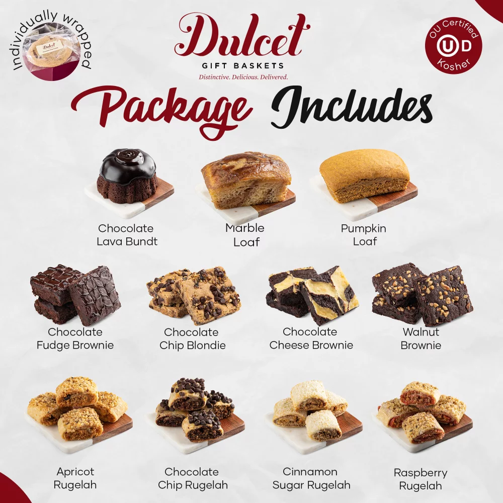 Dulcet's Assorted Bakery Gift Basket - Featuring Chocolate Lava Bundt, chocolate brownies, Pumpkin and Marble Loaf, and Assorted Rugelach in Flavors like Chocolate Chip and Raspberry