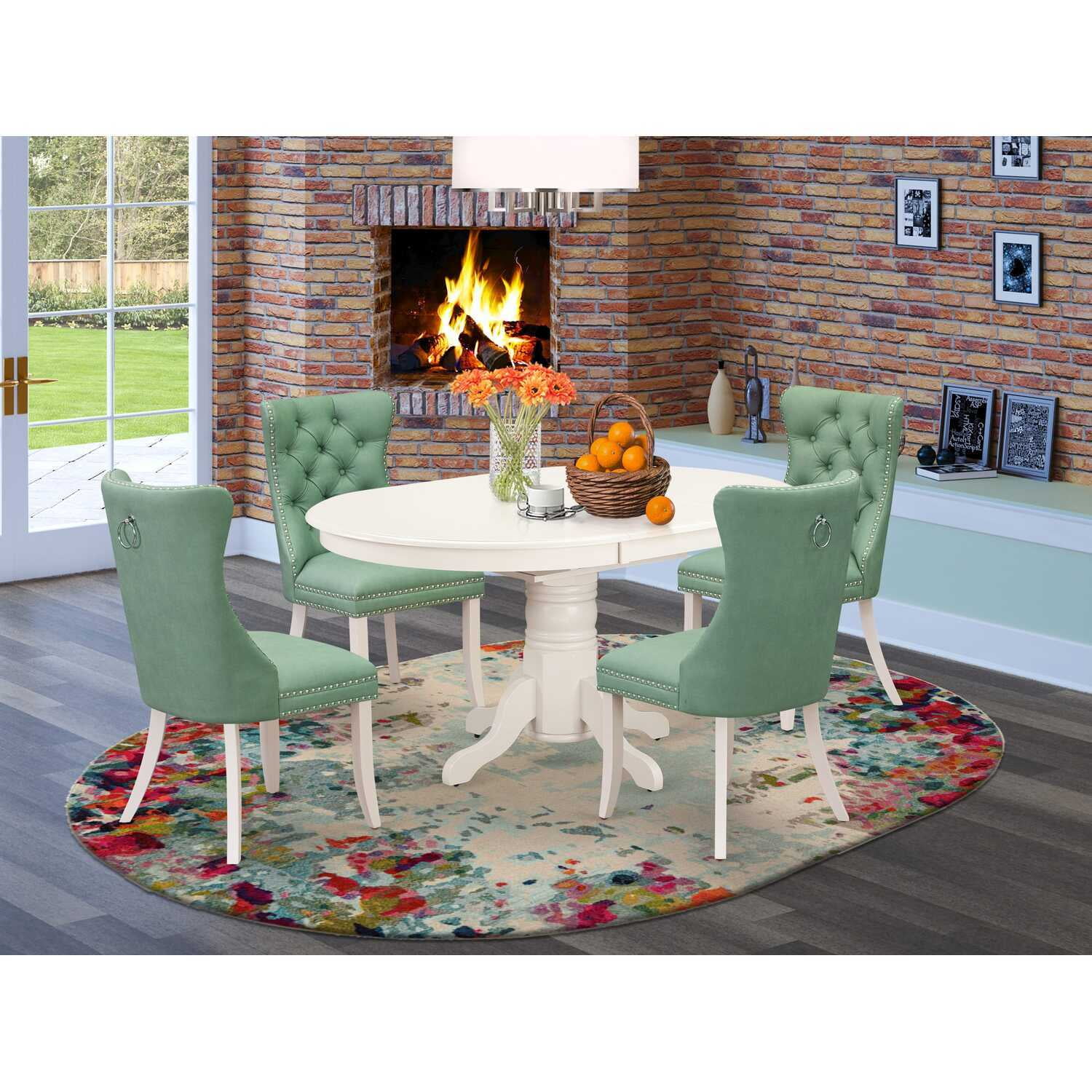 HomeStock 5 Piece Kitchen Set Consists Of An Oval Dining Table With Gothic Grace Leaf And 4 Upholstered Chairs, Linen White