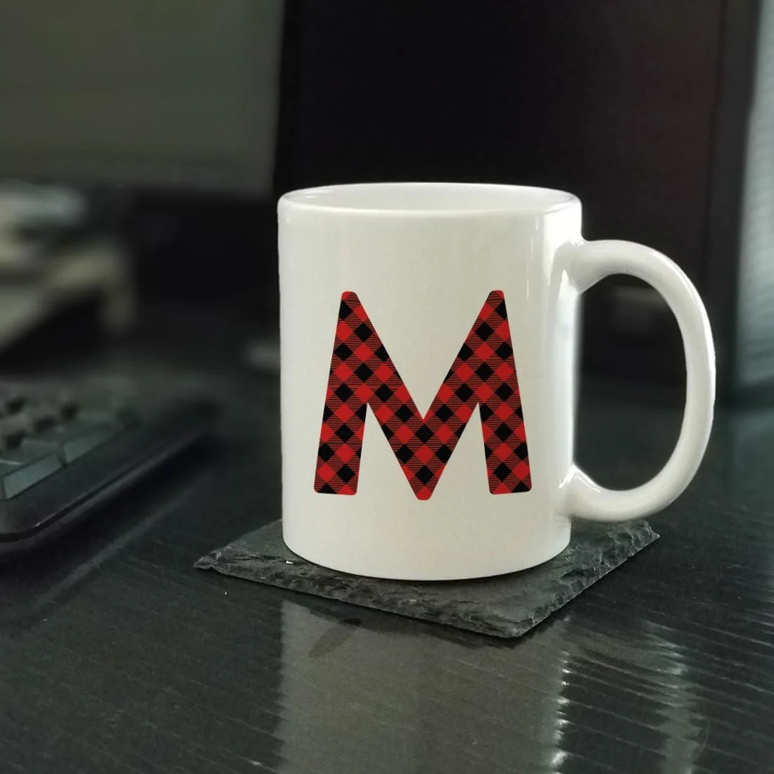 Hot Chocolate Coffee Mug Gift, Buffalo Lumberjack Red Plaid Initial Letter M, 1-Pack, Includes Gift Box, Christmas Holiday Present Ideas