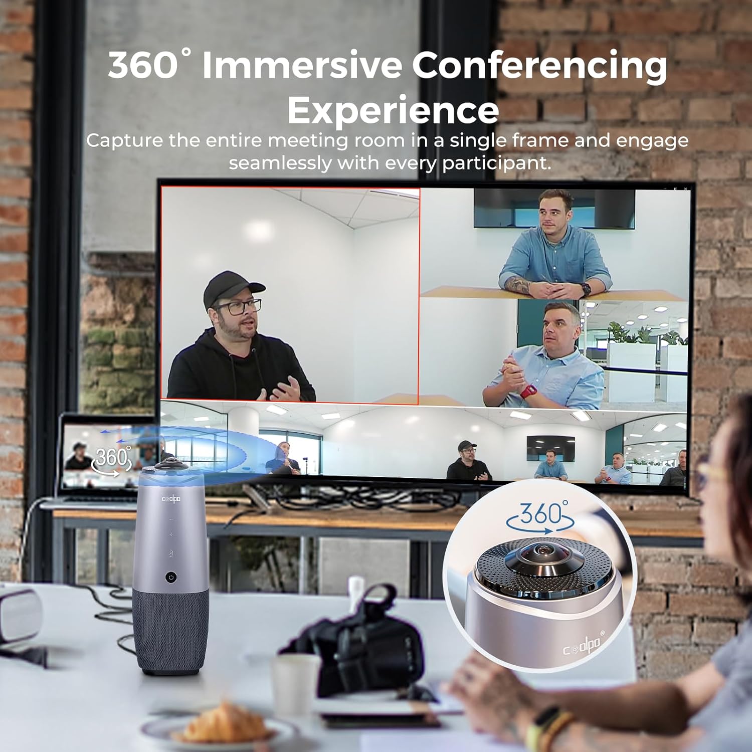 Webcam, 360 Video Conference Camera, 4K All-in-one Conference Room Camera with Speaker, Microphone, Meeting Room Camera, AI Speaker Tracking, Noise Cancellation, Teams, Zoom, PANA 5ft USB Cable