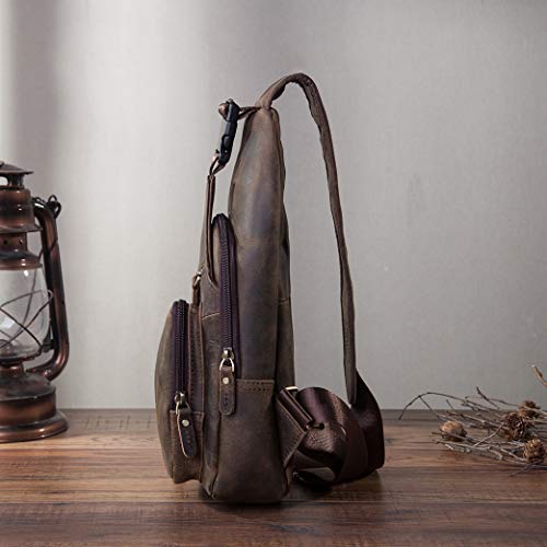Le'aokuu Men Fashion Casual Tea Designer Travel Hiking Crossbody Chest Sling Bag Rig One Shoulder Strap Bag Men Leather 8015