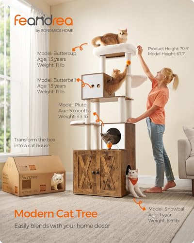 Feandrea Cat Tree with Litter Box Enclosure, 2-in-1 Modern Cat Tower, 70.8-Inch Tall Cat Condo with Scratching Posts, Perch, Caves, Basket, Washable Cushions, Heather Greige UPCT116G01