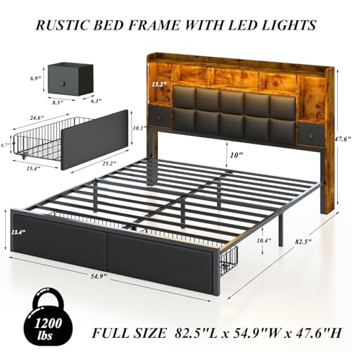 LED Bed Frame Full Size with Bookshelf Headboard, 2 Hidden Storage Drawers, Upholstered Platform Metal Bed Frame with Charging Station, Metal Slats Support, Noise Free, No Box Spring Needed