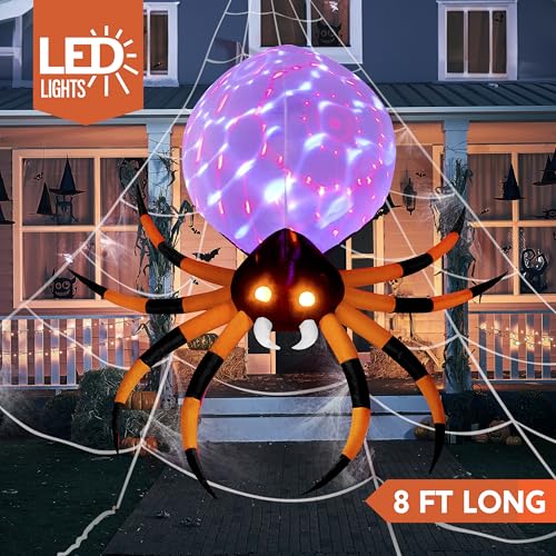 JOYIN 8 FT Halloween Inflatable Giant Spider Outdoor Decorations, Blow Up Spider Yard Decorations with Rotating Colorful Light and Glowing Eyes for Halloween Party Lawn Garden Outside Decor