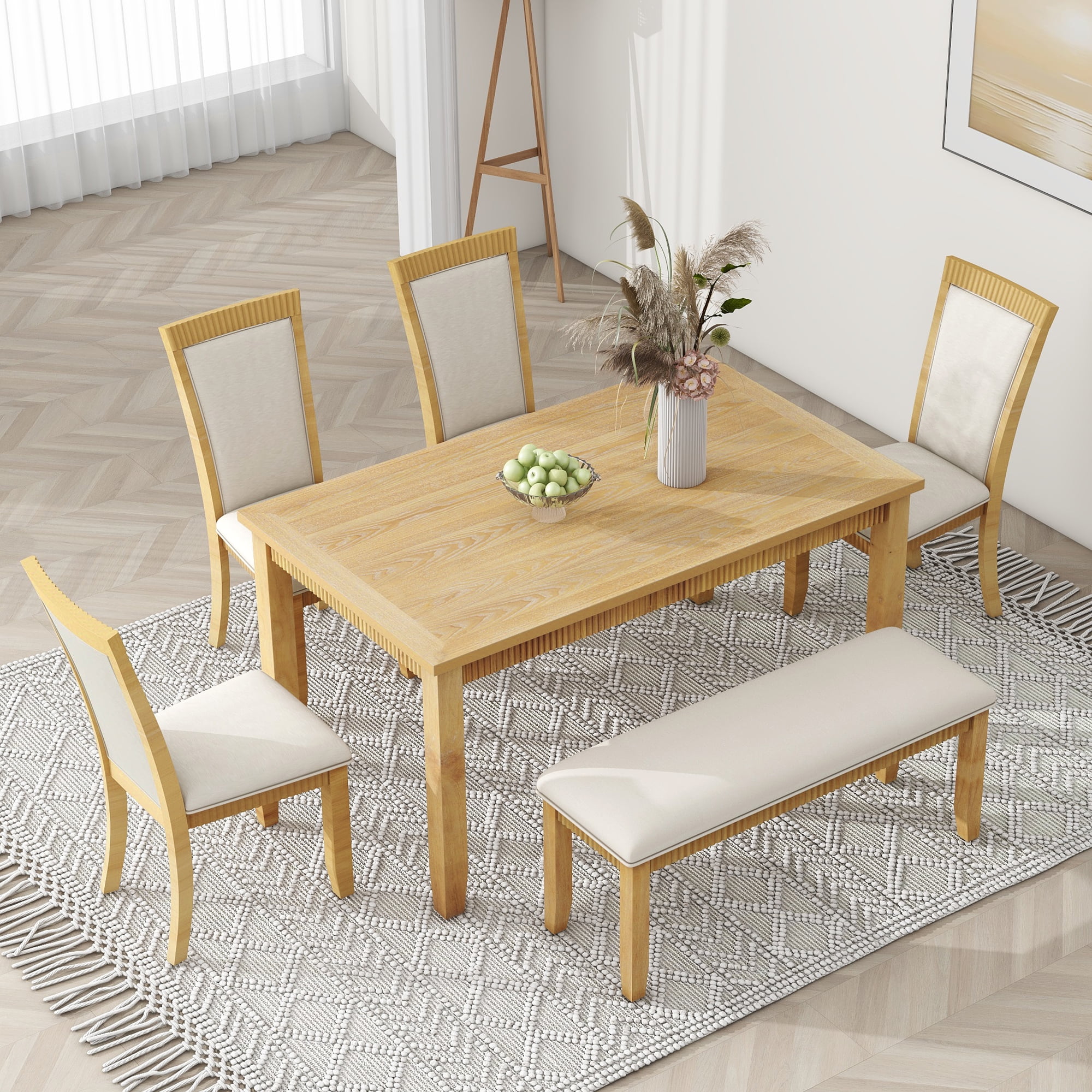CoSoTower Rustic Solid Wood 6-Piece Dining Table Set, PU Leather Upholstered Chairs and Bench, Natural Wood Wash
