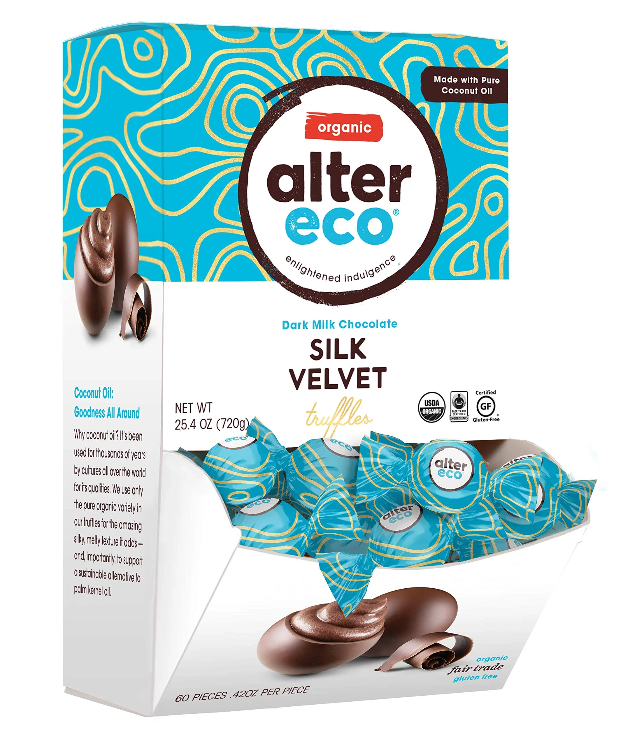 Alter Eco Silk Velvet Truffles 39% Pure Dark Cocoa, Fair Trade, Organic, Non-GMO, Gluten Free Dark Chocolate Truffles, Single Box (60 ct)