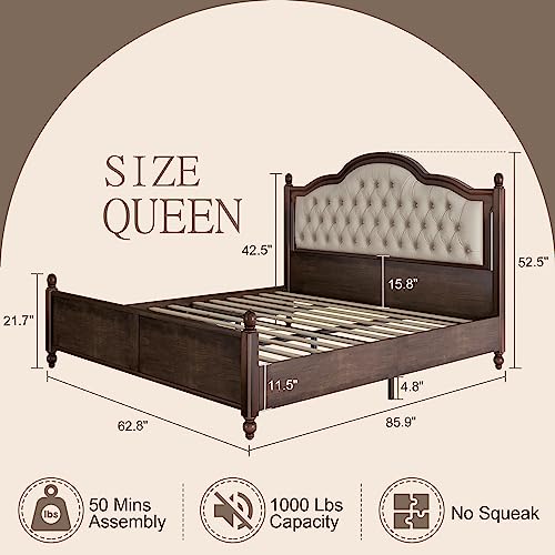 Solid Bed Frame Queen Size, Transitional Platform Bed with 52.5