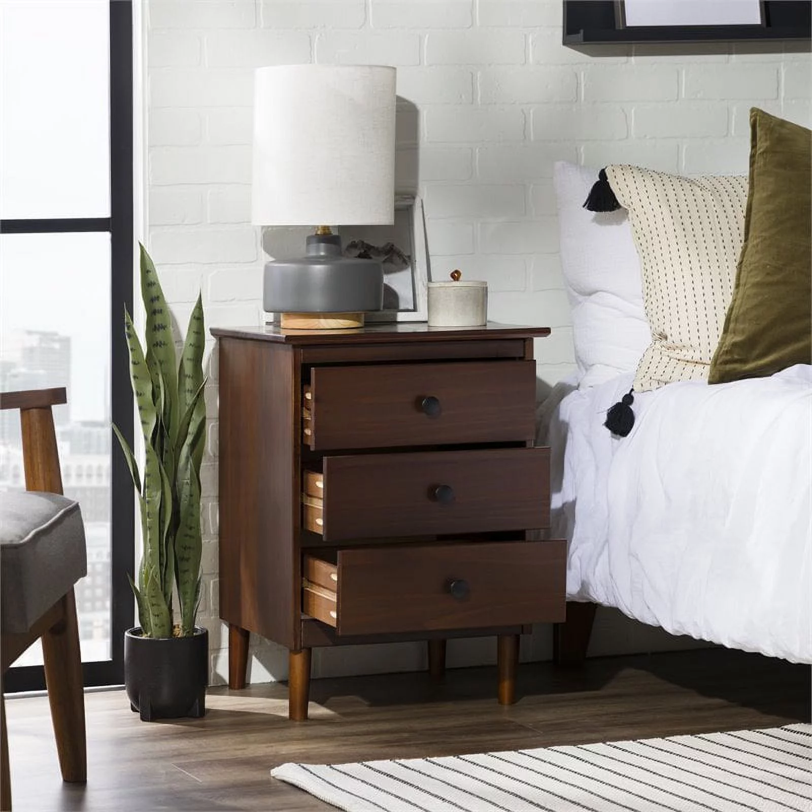 Walker Edison 3 Drawer Solid Wood Nightstand in Walnut