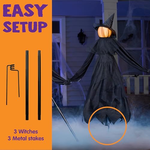 JOYIN 5 FT Halloween Witch Decorations Outdoor, Set of 3 Light Up Holding Hands Witches with Cauldron Yard Stakes, LED Witch Cauldron on Tripod for Graveyard Yard Lawn Party Haunted House Decor