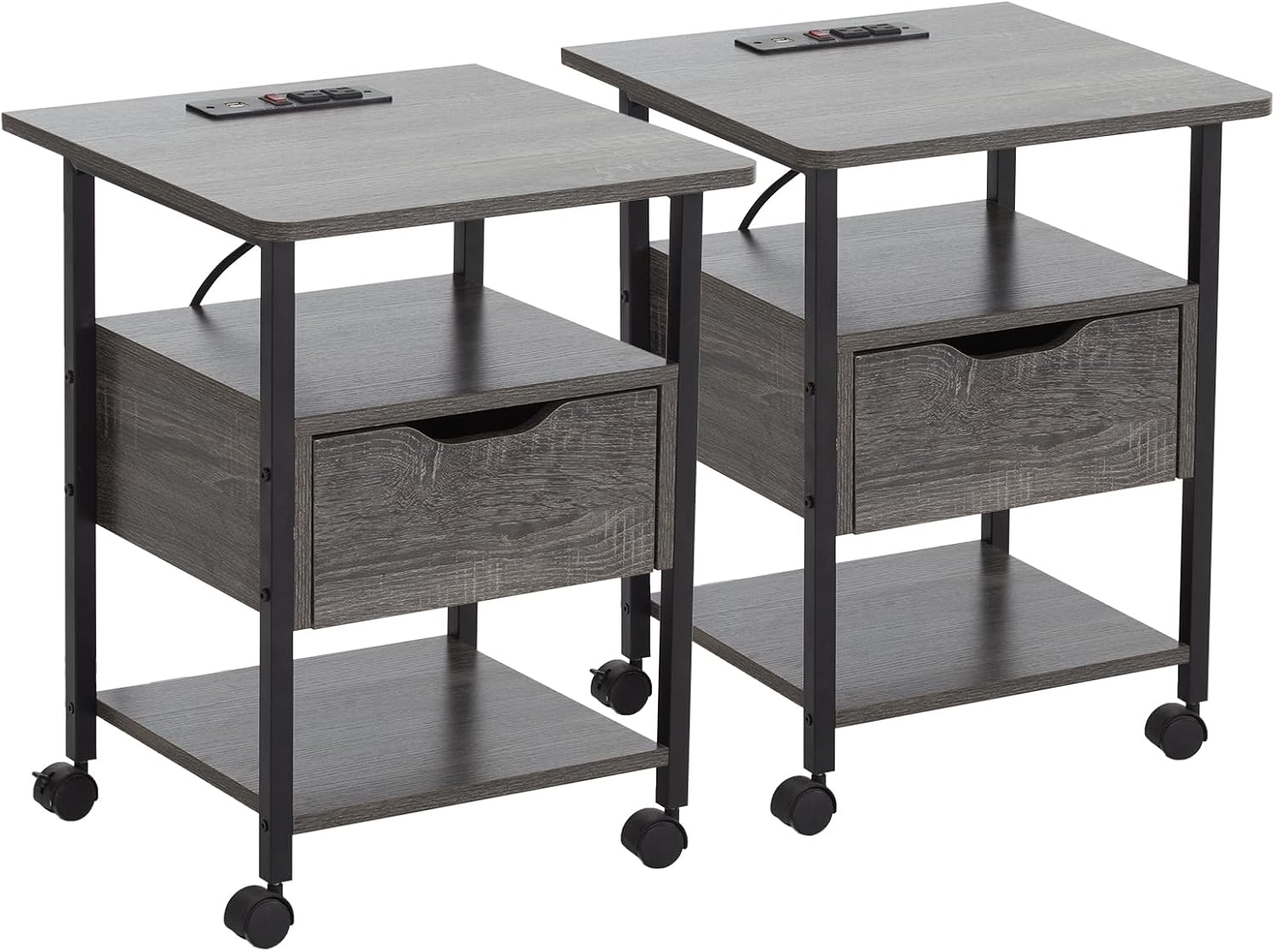 Nightstand Set of 2 with Charging Station, Wheels, USB Ports, Outlets, and Drawer Compact Side Table for Small Spaces End Table with Storage Shelves Portable Bedside Table MDF Metal Furniture Grey