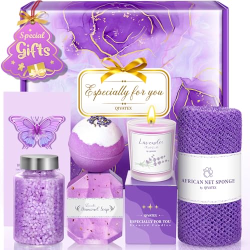 Bath Gift Set for Women, Christmas Stocking Stuffers for Women, Birthday White Elepant Gifts for Wife Her Sister Mom Auntie Grandma Friends, Relaxing Spa Self Care Lavender Bath Bombs Set﻿