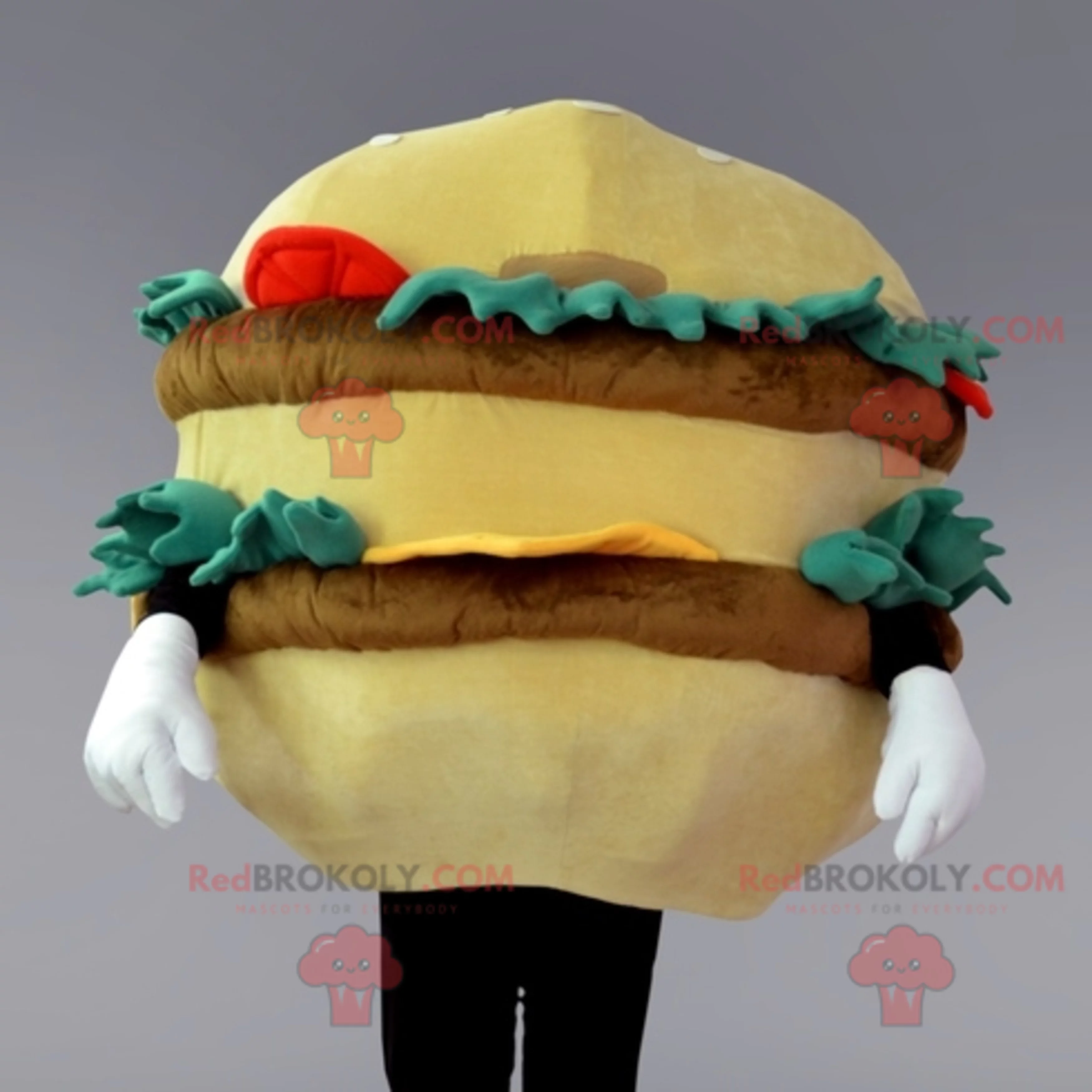 Mascot giant beige and brown hamburger with salad